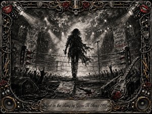 A lone rock performer strides through a smoky boxing-ring stage, surrounded by raised crowd silhouettes, towering speakers, cables, and glaring spotlights. Deep charcoal textures and stormy grays create a fierce, confrontational mood, punctuated by crimson roses and metallic highlights. An ornate chrome-and-gold frame with skulls, lips, lightning, and music motifs completes the dramatic composition.