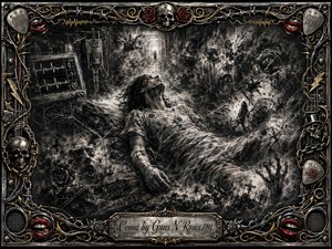 A long-haired figure lies unconscious amid a fractured hospital dreamscape, surrounded by medical wires, ghostly hands, cracked clocks, roses, and shadowed faces. Deep charcoal textures create a claustrophobic, haunted mood, while smoky highlights and harsh contrasts suggest fading consciousness. An ornate chrome-and-gold rock-inspired frame adds skulls, chains, red lips, and musical details.