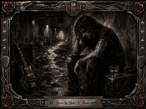 A weary long-haired rocker sits hunched in a shadowy, decaying corridor beside a battered guitar, amplifier, scattered photographs, and a whiskey glass. Deep charcoal textures, smoky sepia tones, and dramatic pools of light create a brooding, reflective mood. An ornate chrome-and-gold frame with roses, strings, and metalwork completes the composition.