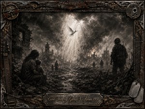 A devastated city stretches beneath a storm-dark sky, where civilians and soldiers stand among shattered buildings and rubble. Deep feathered charcoal textures create a solemn, haunting atmosphere, pierced by a radiant shaft of light illuminating a white dove. A distressed metal frame with barbed wire, guitar strings, dog tags, and ornate gold accents completes the memorial-like composition.