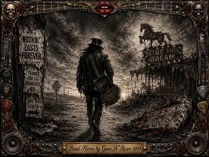 A lone guitarist walks down a desolate road beside a decaying carnival, surrounded by torn signs, broken structures, and scattered roses. Deep charcoal textures, smoky gray skies, muted reds, and metallic gold accents create a bleak, reflective mood. An ornate rock-themed frame of skulls, strings, speakers, and engraved details completes the composition.