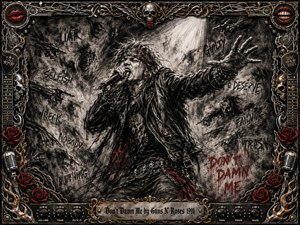 A fierce rock vocalist dominates a smoky charcoal stage, gripping a microphone beneath a harsh spotlight while shadowy hands and accusatory words surround him. Deep blacks, ash grays, metallic silver, and crimson accents intensify the defiant mood. An ornate frame of roses, skulls, chains, guitars, and chrome completes the gritty composition.