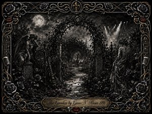 A moonlit gothic garden unfolds in deep feathered charcoal, where a winding stone path passes wrought-iron gates, black roses, statues, and a leaning guitar. Silvery moonlight and distant stage beams pierce smoky shadows, while an ornate gold-and-chrome rock-inspired frame surrounds the haunting scene with roses, microphones, strings, and red lips.
