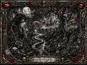 A seductive figure stands within a ruined nocturnal Eden, surrounded by thorny roses, skulls, tangled vines, guitars, and a serpent-like path beneath a luminous moon. Deep charcoal blacks and smoky grays contrast with crimson and gold accents, while ornate metal framing, neon signs, and engraved details create a rebellious, apocalyptic rock atmosphere.