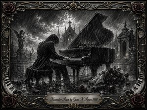 A lone musician plays a grand piano beneath relentless rain in a gothic courtyard, surrounded by dark roses, reflective puddles, and distant church monuments. Deep charcoal textures, silvery highlights, and restrained gold accents create a mournful, romantic atmosphere. An ornate metal frame blends piano keys, guitar strings, roses, and engraved musical details.