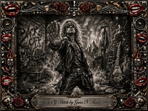 A defiant rock figure thrusts an open hand forward in a smoky urban stage-alley, surrounded by amplifiers, guitars, graffiti, and drifting haze. Deep charcoal textures and stark monochrome lighting create a gritty, confrontational mood, while the ornate frame adds red lips, roses, skulls, chrome, gold inlay, studs, and musical hardware.