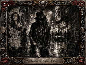 A brooding rock figure in a top hat walks through a rain-slicked nighttime alley filled with neon signs, torn posters, shadowy crowds, and a vintage car. Deep charcoal blacks and smoky grays create gritty tension, while an ornate gold-and-black frame with roses, skulls, red lips, guitar details, and an engraved title plate adds theatrical rock elegance.