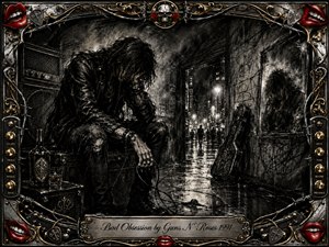 A brooding long-haired rocker slumps in a rain-darkened backstage alley, surrounded by tangled cables, a fallen microphone, liquor, amplifiers, and fractured reflections. Deep feathered charcoal creates gritty shadows and smoky textures, while wet pavement catches distant city lights. An ornate chrome-and-gold frame with red lips, skulls, roses, and musical hardware intensifies the obsessive, restless mood.