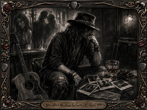 A weary musician sits alone in a shadowy roadhouse, surrounded by an acoustic guitar, scattered photographs, a whiskey glass, and a fading rose. Deep charcoal textures, smoky sepia tones, and soft lantern light create a reflective, bittersweet mood. An ornate gold-and-chrome frame with roses, lips, and guitar details completes the vintage rock composition.