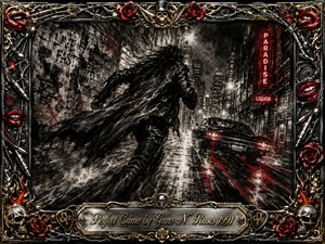 A shadowy figure races through a rain-soaked city street as a dark car speeds away beneath glowing red neon signs. Deep charcoal textures, smoky blacks, silvery highlights, and crimson accents create a tense, rebellious mood. An ornate chrome-and-gold rock frame surrounds the scene with roses, skulls, lips, cables, and flames.
