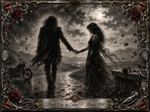 Two dark figures part beneath a stormy moon, their fingertips barely touching on a rain-slicked road scattered with crimson rose petals. Deep feathered charcoal textures create a mournful, romantic atmosphere, while soft silver light breaks through turbulent clouds. An ornate chrome-and-gold frame of roses, strings, cables, and musical details surrounds the scene.