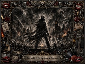 A lone top-hatted figure stands defiantly before a burning, storm-lashed city, surrounded by smoke, lightning, embers, and a surging concert crowd. Deep charcoal textures dominate, accented by crimson roses, fiery orange, chrome, and gold. An ornate rock-themed frame of skulls, instruments, microphones, tickets, chains, and red lips intensifies the dramatic mood.