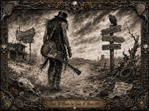 A lone, top-hatted guitarist walks through a desolate desert road beneath a stormy sky, surrounded by bones, broken strings, weathered signs, and scattered debris. Deep charcoal blacks, smoky grays, and sepia highlights create a brooding, rebellious mood, framed by ornate metalwork, skulls, roses, barbed wire, and engraved rock-and-roll details.