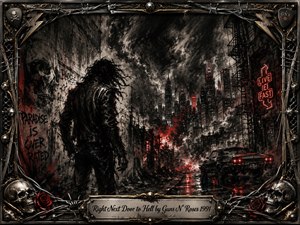 A lone leather-clad figure stands in a rain-slicked urban wasteland beneath a turbulent charcoal sky, surrounded by graffiti, smoke, fire, and red neon reflections. Deep blacks, grays, crimson accents, and metallic highlights create a hostile, restless mood. An ornate rock-inspired frame features barbed wire, skulls, roses, guitar strings, and an engraved title plate.