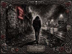 A lone leather-clad figure walks through a rain-darkened city toward distant lights, surrounded by cracked pavement, torn posters, neon signs, and drifting haze. Deep feathered charcoal textures create a tense, isolated mood, accented by muted crimson roses and chrome. An ornate rock-inspired frame and engraved title plate complete the composition.