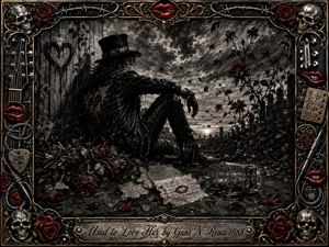 A lone leather-clad rocker sits beneath a storm-darkened sky beside a weathered fence and tangled rose garden, surrounded by wilted crimson roses, torn letters, scattered guitar picks, and a fallen whiskey glass. Deep charcoal textures, silvery highlights, and selective red accents create a brooding, rebellious mood within an ornate skull-and-rock-motif frame.