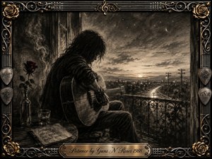 A solitary guitarist sits beside an open balcony at dusk, gazing toward a winding road and distant city lights. Deep charcoal textures, smoky shadows, warm sepia highlights, and a single red rose create a wistful, patient mood. An ornate black-and-gold musical frame surrounds the intimate scene with elegant engraved details.