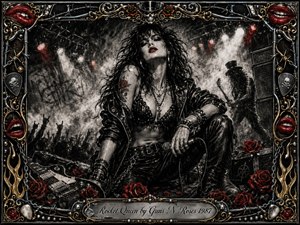 A fierce rock queen dominates a smoky concert stage, posed amid electric guitars, roses, cables, amplifiers, and cheering silhouettes. Deep feathered charcoal textures create a gritty, rebellious mood, while crimson lips and roses punctuate the monochrome scene. Bright spotlights cut through haze, framed by ornate chrome, gold, skulls, chains, and flames.