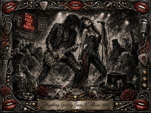 A smoky 1980s rock club erupts with reckless energy as a leather-clad guitarist and glamorous singer command the stage. Deep feathered charcoal textures, crimson lips and roses, chrome-gold accents, harsh spotlights, scattered cards, whiskey glasses, and swirling fog create a seductive, chaotic atmosphere framed by ornate rock-and-roll memorabilia.