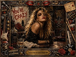 A defiant blonde woman leans across a whiskey-stained bar in a dark, chaotic rock-club setting, surrounded by roses, graffiti, bottles, guitars, skulls, records, and concert memorabilia. Warm amber lighting cuts through deep blacks and crimson accents, while richly textured painterly brushwork and an ornate chrome-and-gold frame create a rebellious, decadent mood.