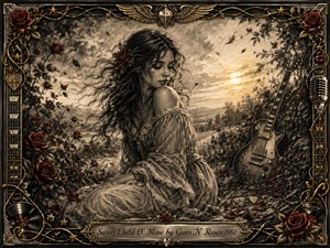 A wistful young woman sits among wild roses beneath a glowing sunset, her flowing lace dress and windswept hair rendered in richly feathered charcoal. Deep reds and warm gold accents enliven the monochrome scene, while an electric guitar, vinyl records, microphone, strings, stars, and ornate metallic frame evoke romantic classic-rock nostalgia.