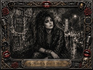 A brooding young woman in a leather jacket sits against a rain-darkened Sunset Strip, surrounded by torn club posters, distant neon, and reflective pavement. Deep charcoal textures create a gritty, melancholic atmosphere, accented by red lips, roses, chrome, and gold. An ornate rock-themed frame and engraved title plate complete the dramatic composition.