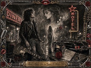 A brooding rocker stands on a rain-slicked city street holding an electric guitar, surrounded by glowing diner and motel signs, a vintage convertible, roses, and a handwritten note. Deep charcoal textures, smoky shadows, crimson highlights, and warm metallic accents create a wistful romantic mood, framed by ornate rock-and-roll details and engraved script.