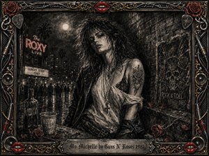 A brooding young woman stands against a rain-darkened Sunset Strip, surrounded by smoky neon, wet pavement, roses, and shadowy crowds. Deep feathered charcoal textures create a raw, rebellious mood, while muted reds and metallic gold accents sharpen the ornate rock-inspired frame. Dramatic moonlight and gritty details evoke vulnerability, danger, and defiance.