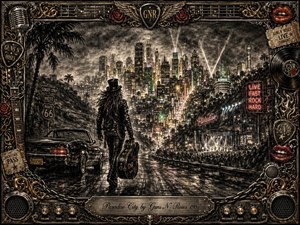 A lone rocker in a top hat walks a rain-slick highway toward a glowing city of neon, spotlights, palms, and concert energy. Deep charcoal textures create a gritty, dreamlike mood, accented by reds, greens, gold, and chrome. An ornate rock-themed frame of roses, guitars, chains, records, and metalwork surrounds the scene.
