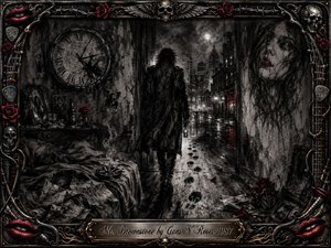 A solitary rocker walks from a decaying room into a rain-soaked city night, surrounded by broken clocks, smoke, scattered papers, roses, and ghostly wall imagery. Deep charcoal textures dominate, accented by crimson reds and metallic gold. Dramatic shadows, wet reflections, and an ornate skull-and-guitar frame create a brooding, gritty atmosphere.