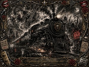 A powerful steam locomotive charges through a rain-slicked nighttime city, surrounded by smoke, sparks, concert silhouettes, and ghostly rock imagery. Deep charcoal textures dominate, accented by crimson roses, neon red, chrome, and gold. Dramatic headlight illumination heightens the rebellious energy, while an ornate music-themed frame and engraved title plate complete the composition.