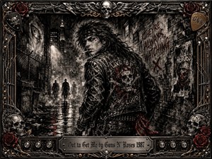 A defiant leather-clad rocker glances back in a rain-soaked city alley as shadowy pursuers emerge through smoke and harsh streetlight. Deep charcoal textures, metallic grays, black shadows, and crimson accents create a tense, rebellious mood. An ornate skull-and-rose rock frame surrounds the dramatic composition with engraved title plate details.