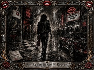 A lone leather-clad rocker strides through a rain-slicked nighttime street glowing with red neon, smoky club lights, and chrome reflections. Deep feathered charcoal textures create a gritty, rebellious mood, while crowds, a vintage muscle car, scattered music memorabilia, roses, chains, and ornate metallic framing intensify the decadent rock-and-roll atmosphere.