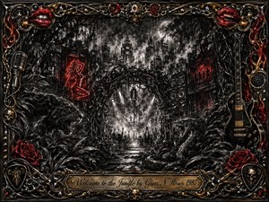 A dark charcoal urban jungle merges tangled foliage with a stormy rock-and-roll cityscape, where a snarling panther, coiled serpent, raised crowd, speakers, and suspended microphone create dangerous energy. Red neon, roses, lips, and gold chrome accents pierce the smoky grayscale scene, framed by ornate chains, skulls, guitars, flames, and engraved metalwork.