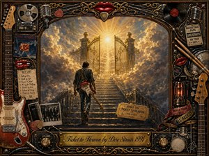 A lone guitarist climbs a glowing staircase toward ornate gates suspended in radiant clouds, creating a reflective, bittersweet sense of hope and longing. Warm gold, bronze, charcoal, and amber tones dominate the dramatic painted scene. An elaborate rock-themed frame surrounds it with guitars, records, microphones, backstage memorabilia, red lips, and a polished engraved title plate.
