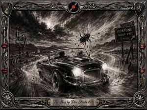 A speeding vintage convertible charges along a storm-dark highway as a giant insect bursts near the windshield, embodying sudden shifts of luck. Deep charcoal textures, smoky grays, glowing headlights, and restrained red accents create gritty drama. An ornate chrome-and-gold music frame, red lips, guitar motifs, and engraved title plate complete the cinematic composition.