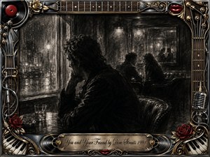 A solitary man sits beside a rain-streaked window in a shadowy late-night lounge, while a distant couple quietly converse behind him. Deep feathered charcoal textures, smoky lighting, silver-gray tones, and glowing reflections create a mood of longing and emotional distance, framed by ornate guitars, roses, chrome, gold, vinyl, and piano details.