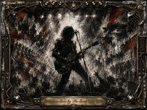 A lone guitarist dominates a turbulent concert scene, silhouetted beneath harsh white stage lights against smoky crowds, ruined architecture, and watchful eyes. Deep feathered charcoal textures, black, gray, rust red, and muted gold create a tense, rebellious mood. An ornate metal-and-gold frame with cables, knobs, and engraved title plate completes the composition.