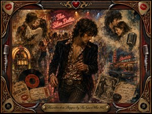 A heartbroken young rocker stands beneath smoky 1970s dance-hall lights, surrounded by fading memories of romance, dancing, neon diners, vinyl records, and concert keepsakes. Warm reds, amber, sepia, muted teal, and chrome highlights create a bittersweet glow. Painterly oil, acrylic, and watercolor textures blend nostalgia with restless rock-and-roll energy.