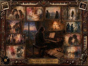 A solitary pianist sits in a dim, nostalgic room surrounded by fading framed memories of love, city nights, and performances. Warm amber lamplight contrasts with dusky blues, muted reds, and weathered browns. Painterly oil-and-watercolor textures create wistful intimacy, while ornate musical framing, vintage photographs, instruments, and the engraved title plate deepen the melancholy atmosphere.