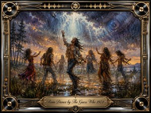 A lively group of free-spirited dancers celebrates beneath a dramatic summer rainstorm, surrounded by reflective puddles, wild grass, and distant trees. Silver-blue rain and warm amber sunset light create a mystical glow. Rich impressionistic brushwork, flowing musical lines, and an ornate chrome-and-gold frame give the scene rhythmic, vintage rock energy.