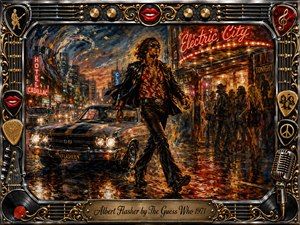 A swaggering rocker strides through a rain-slicked neon city beside a gleaming muscle car, surrounded by nightlife, crowds, and glowing marquees. Rich reds, golds, blues, and chrome shimmer under theatrical lights. Expressive oil-paint textures heighten the energetic, rebellious mood, framed by guitars, records, microphones, strings, and ornate metallic details.