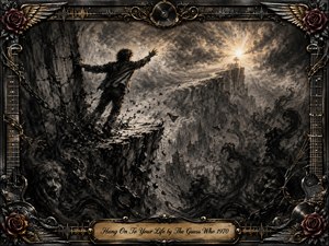 A lone figure clings to a crumbling cliff, reaching toward a distant golden light through a storm-darkened landscape. Deep charcoal textures, smoky shadows, broken chains, ghostly faces, and ruined structures create a tense, symbolic mood. An ornate black-and-gold musical frame with roses, wings, strings, and records surrounds the dramatic scene.