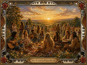 A warm, painterly gathering unfolds across a wildflower meadow at sunset, where free-spirited musicians and friends share food, music, and companionship beneath a glowing amber sky. Rich golds, earthy browns, and soft greens create a hopeful communal mood, framed by ornate instruments, roses, records, chrome flourishes, and an engraved title plate.