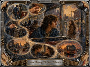 A young man rides a rain-soaked city bus, gazing wistfully toward a woman outside as glowing memory vignettes curve around him in an S-shaped flow. Warm amber, muted red, and smoky blue tones create nostalgic evening light. Painterly textures, wet reflections, tickets, streets, and an ornate musical frame enrich the scene.