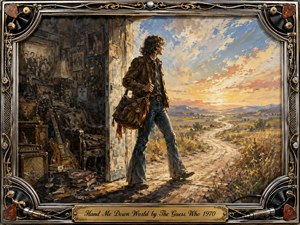 A lone traveler steps from a shadowed, memory-filled room into a glowing open landscape, suggesting release from an inherited past. Warm gold, amber, blue, and earthy browns contrast darkness with hope. Thick painterly textures, vintage photographs, guitars, records, and an ornate metallic musical frame create a reflective, nostalgic 1970s atmosphere.