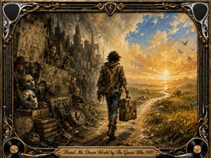 A lone traveler walks from a crumbling, shadowed industrial city toward a radiant golden sunrise over open countryside, carrying a battered suitcase. Rich oil-painted textures blend charcoal browns, weathered steel, blue sky, and warm amber light. Faces, masks, photographs, clocks, records, and ornate musical framing suggest inherited burdens, memory, and renewal.