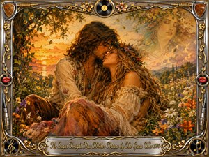 A romantic hippie couple embraces in a lush wildflower meadow beneath a glowing golden sunset, while an ethereal Mother Nature figure drifts through the clouds. Warm amber, orange, green, and cream tones create a dreamy, nostalgic mood. Rich painterly textures, ornate musical framing, red lips, vinyl motifs, and engraved script complete the scene. SongData_NoSugarTonightNewMotherNature_TheGuessWho_1970