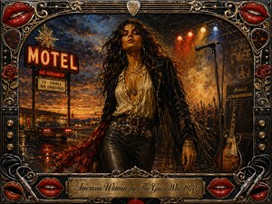 A defiant woman strides between a fading roadside motel and a blazing rock stage, embodying restless freedom and independence. Rich oil-paint textures, deep blues, fiery oranges, and golden light create a rebellious 1970s atmosphere. Guitars, amplifiers, roses, chrome details, red lips, and an ornate engraved frame intensify the dramatic composition.