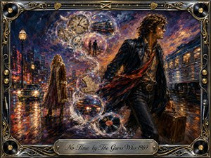 A determined man strides from a waiting woman along a rain-slicked nighttime station, surrounded by glowing clocks, trains, tickets, records, and feathered memory bubbles forming an S-curve. Deep blues, purples, amber, and crimson create urgent melancholy, while expressive oil-like brushwork, neon reflections, and an ornate chrome-and-gold musical frame heighten the vintage rock atmosphere.
